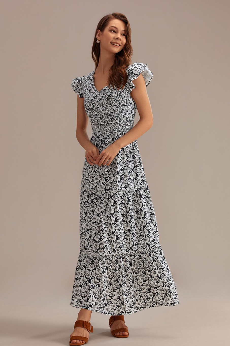 Best Short Ruffle Sleeve V Neck Smocked Tiered Maxi Dress Floral