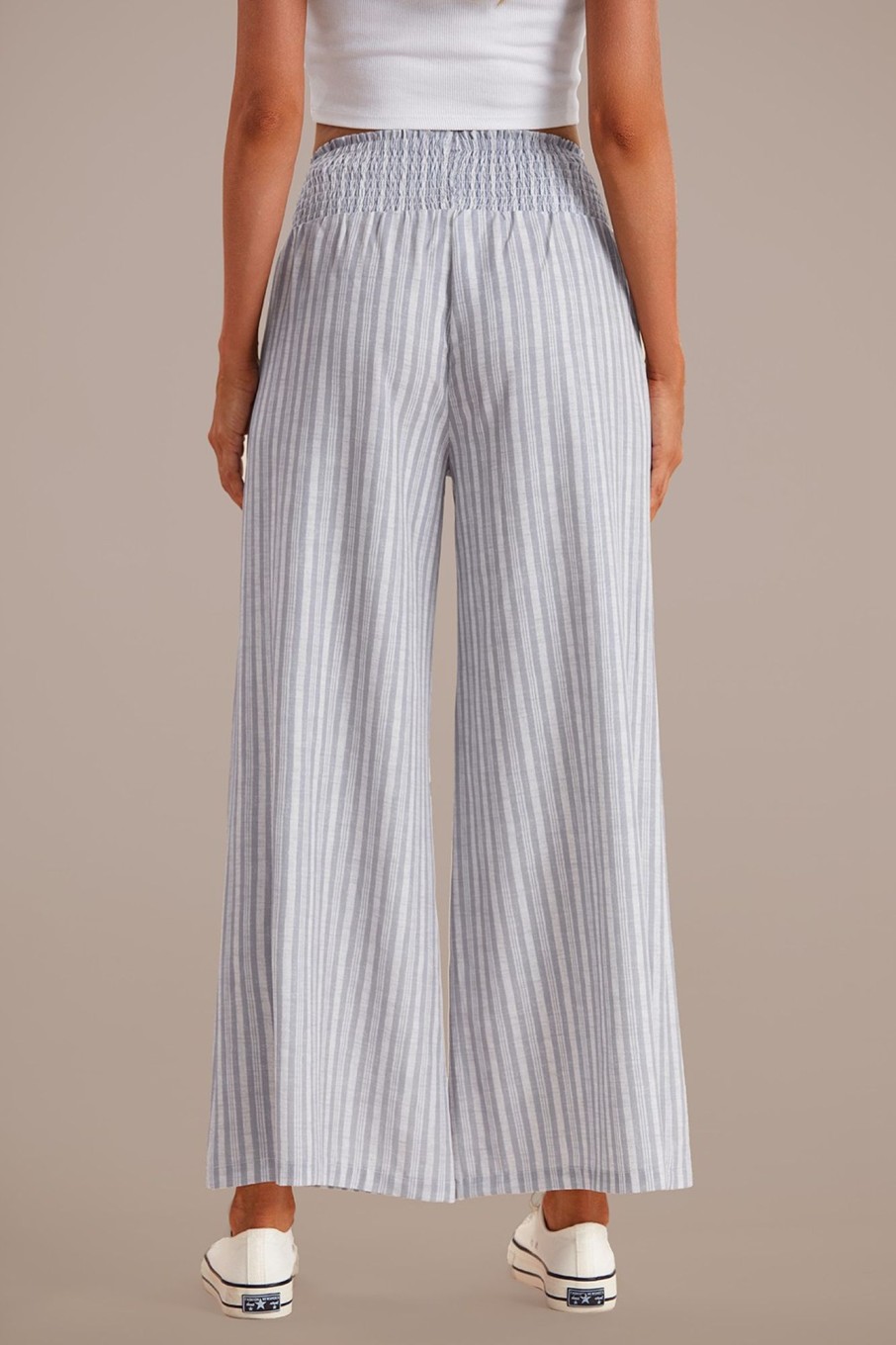 Online Striped Smocked Waist Wide Leg Pants Grey