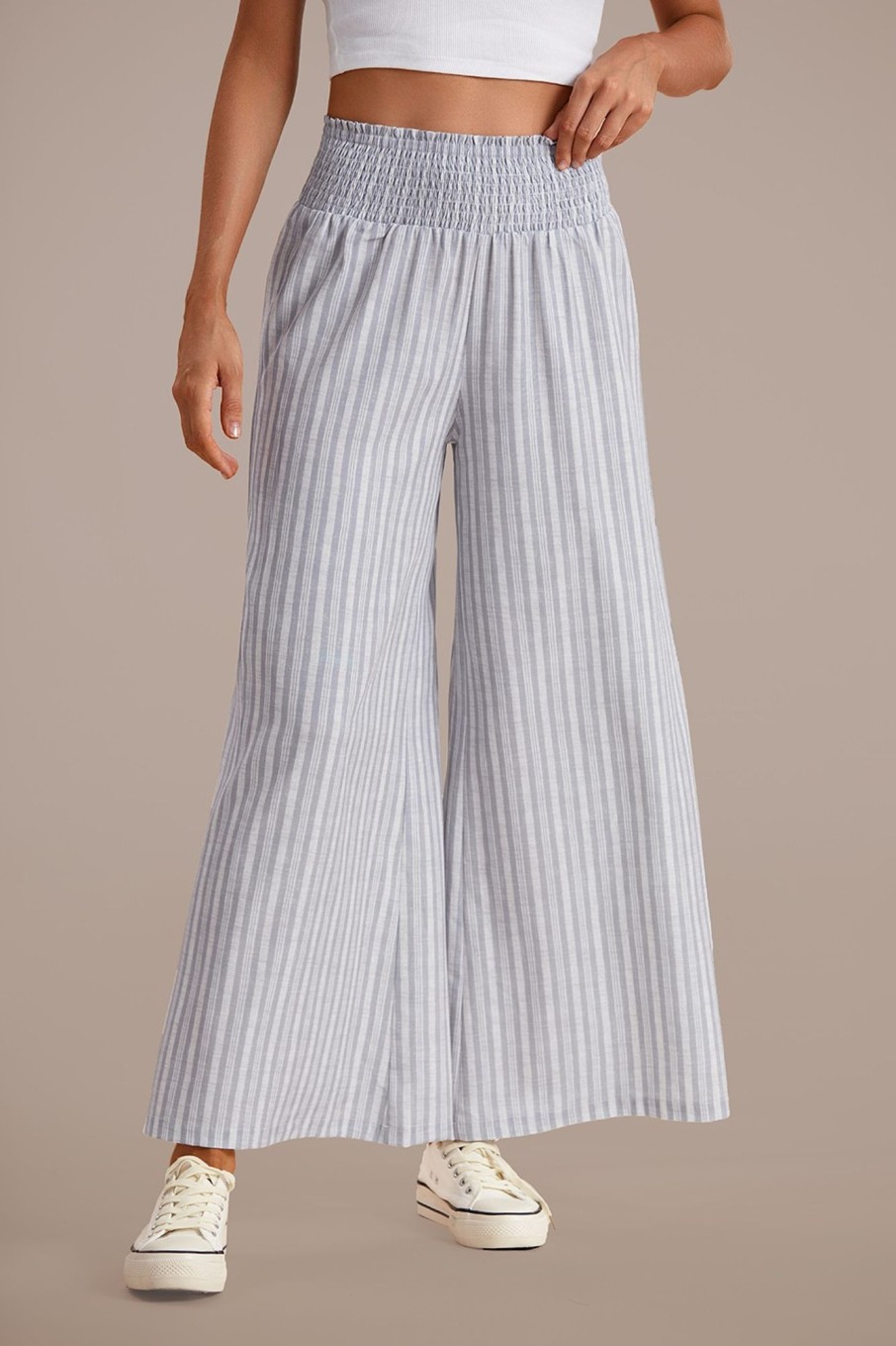 Online Striped Smocked Waist Wide Leg Pants Grey