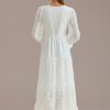 Wholesale Textured Floral Long Sleeve V Neck Smocked Tiered Maxi Dress White