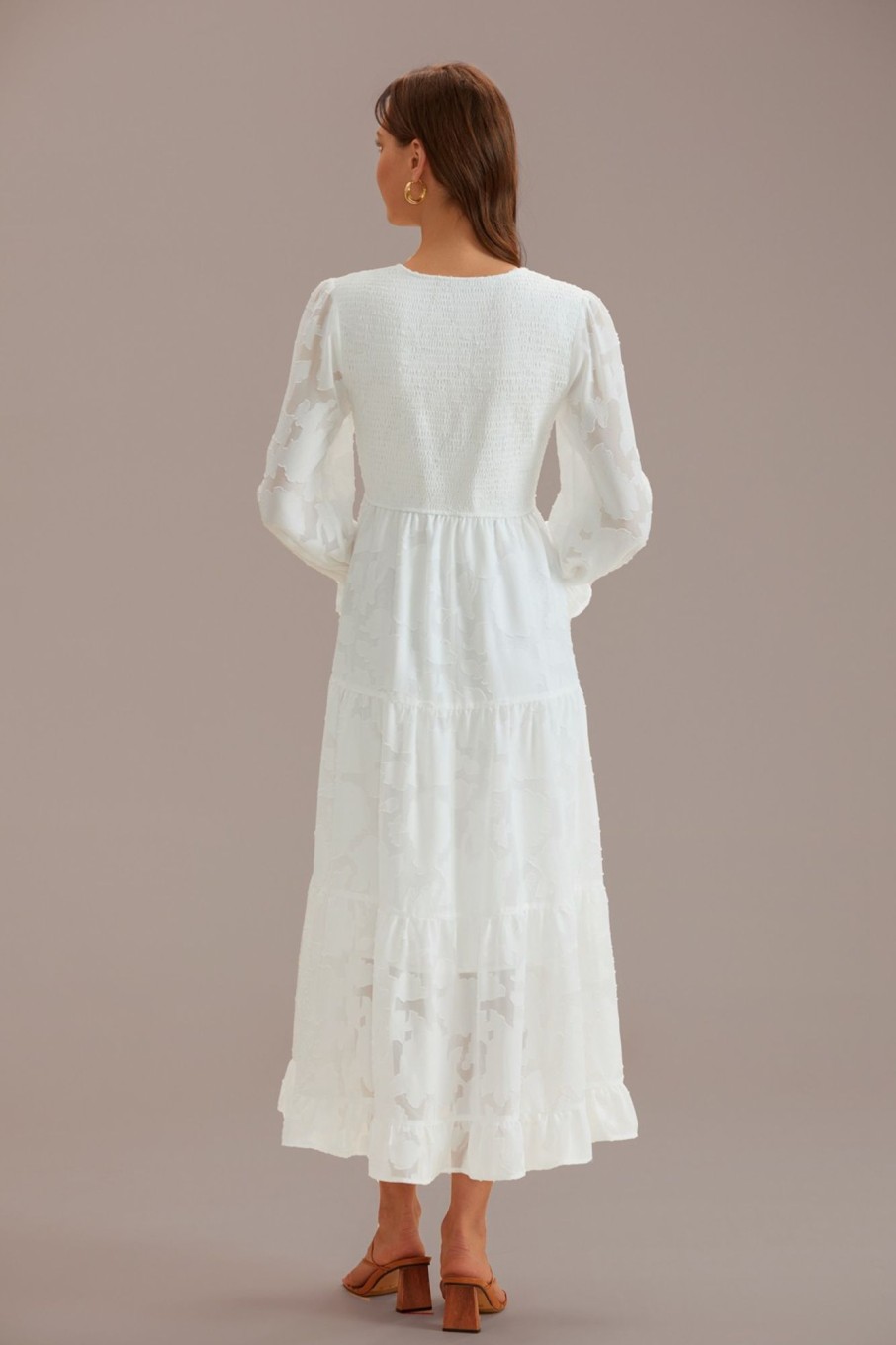 Wholesale Textured Floral Long Sleeve V Neck Smocked Tiered Maxi Dress White