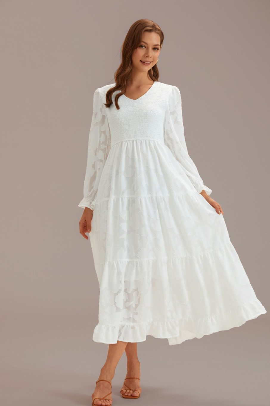 Wholesale Textured Floral Long Sleeve V Neck Smocked Tiered Maxi Dress White