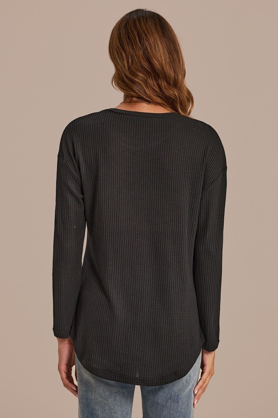 Clearance Long Sleeve Round Neck Textured Top Black