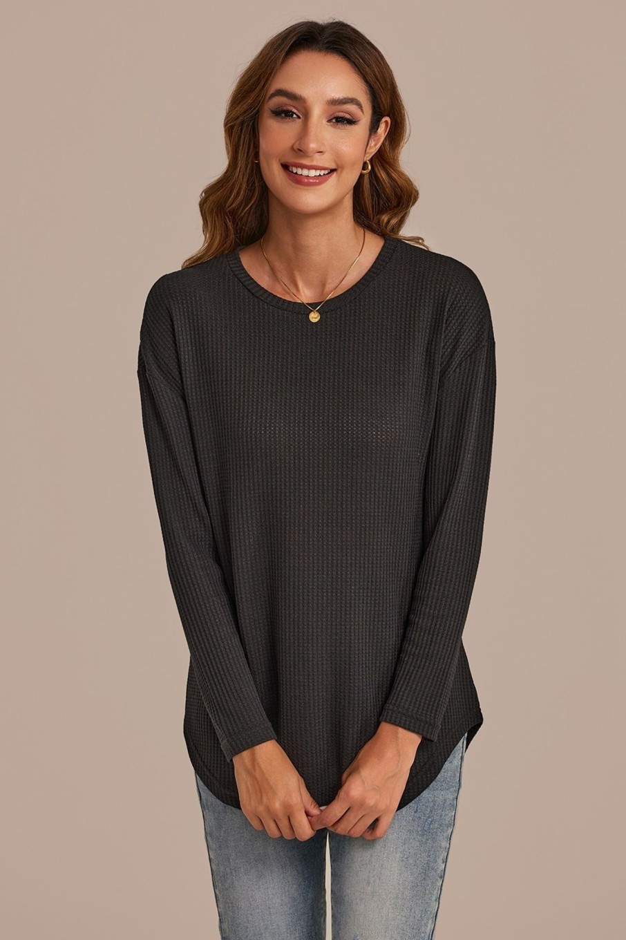 Clearance Long Sleeve Round Neck Textured Top Black