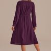 Hot Long Sleeves V Neck Button Front Midi Dress Dark Fig