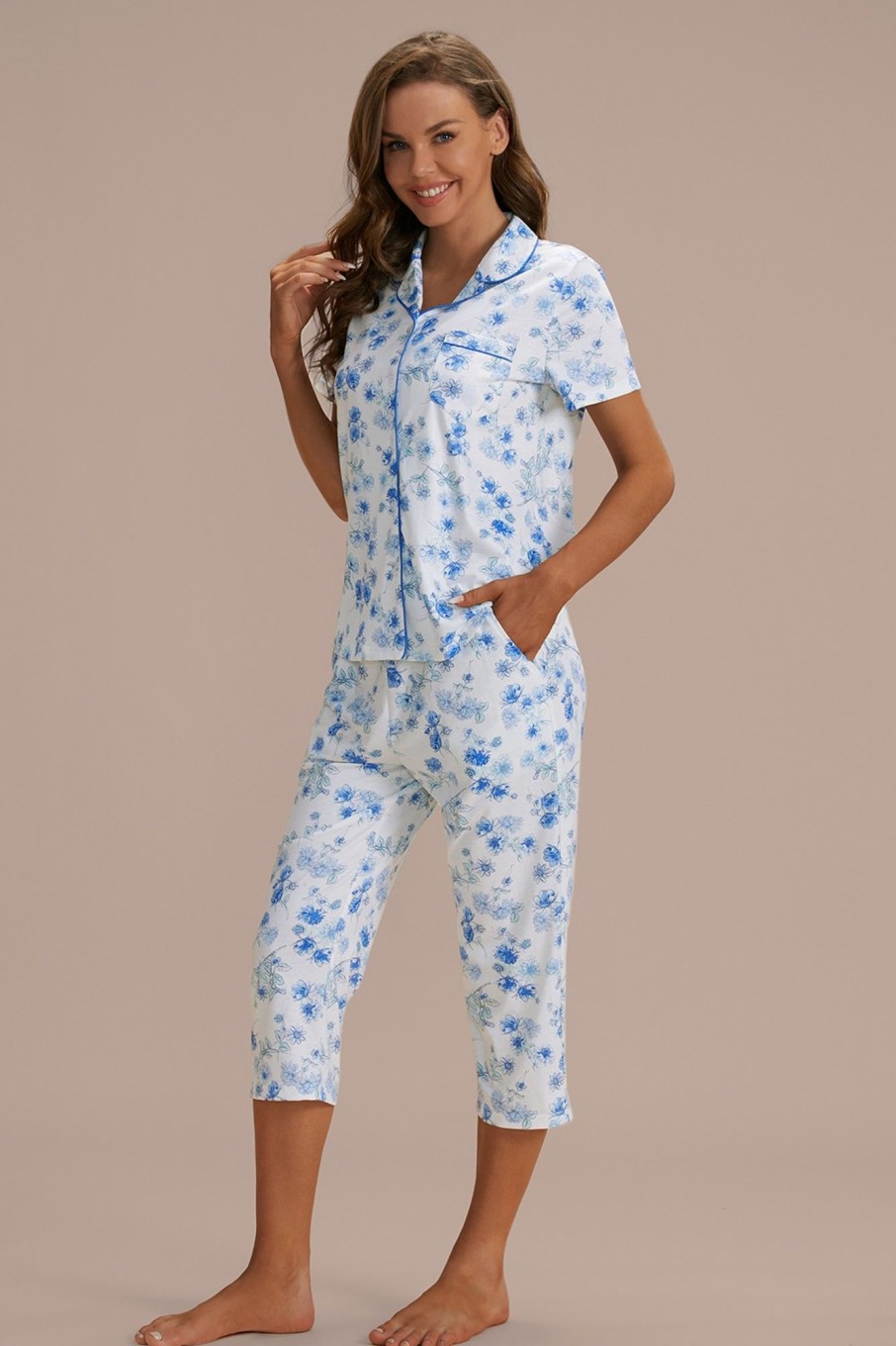 Wholesale Floral Short Sleeve V Neck Pj Set White