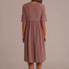 Clearance Half Sleeve Round Neck Cotton Mom Midi Dress With Pockets Rust