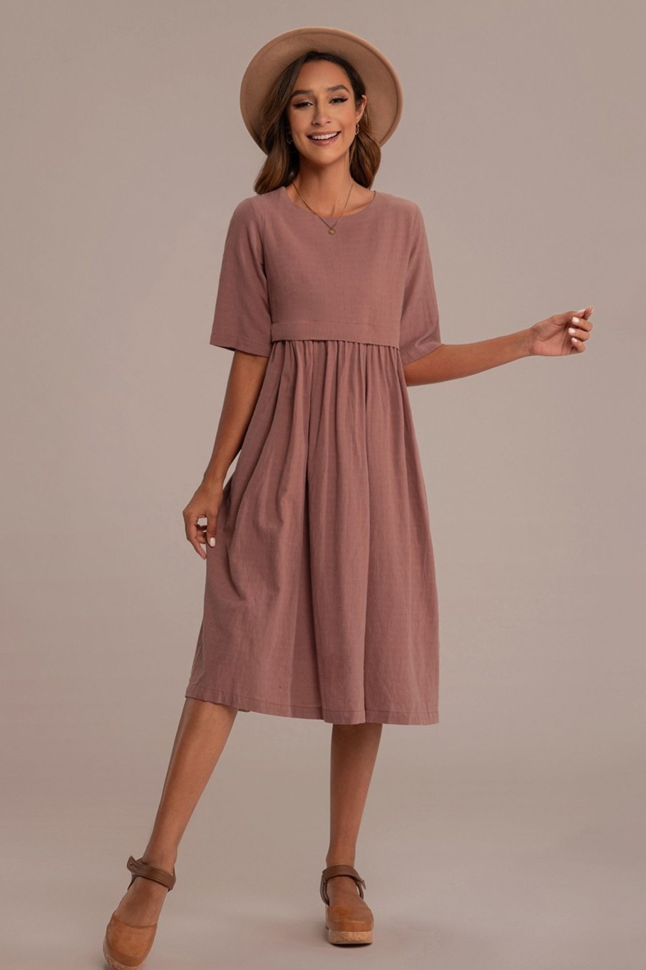 Clearance Half Sleeve Round Neck Cotton Mom Midi Dress With Pockets Rust