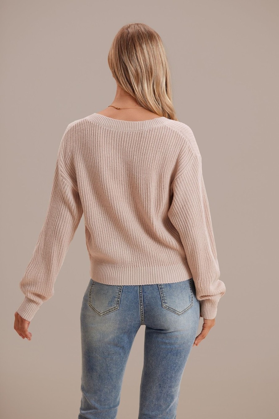 Best Knit Neutral Long Sleeve Square Neck Sweater Wheat