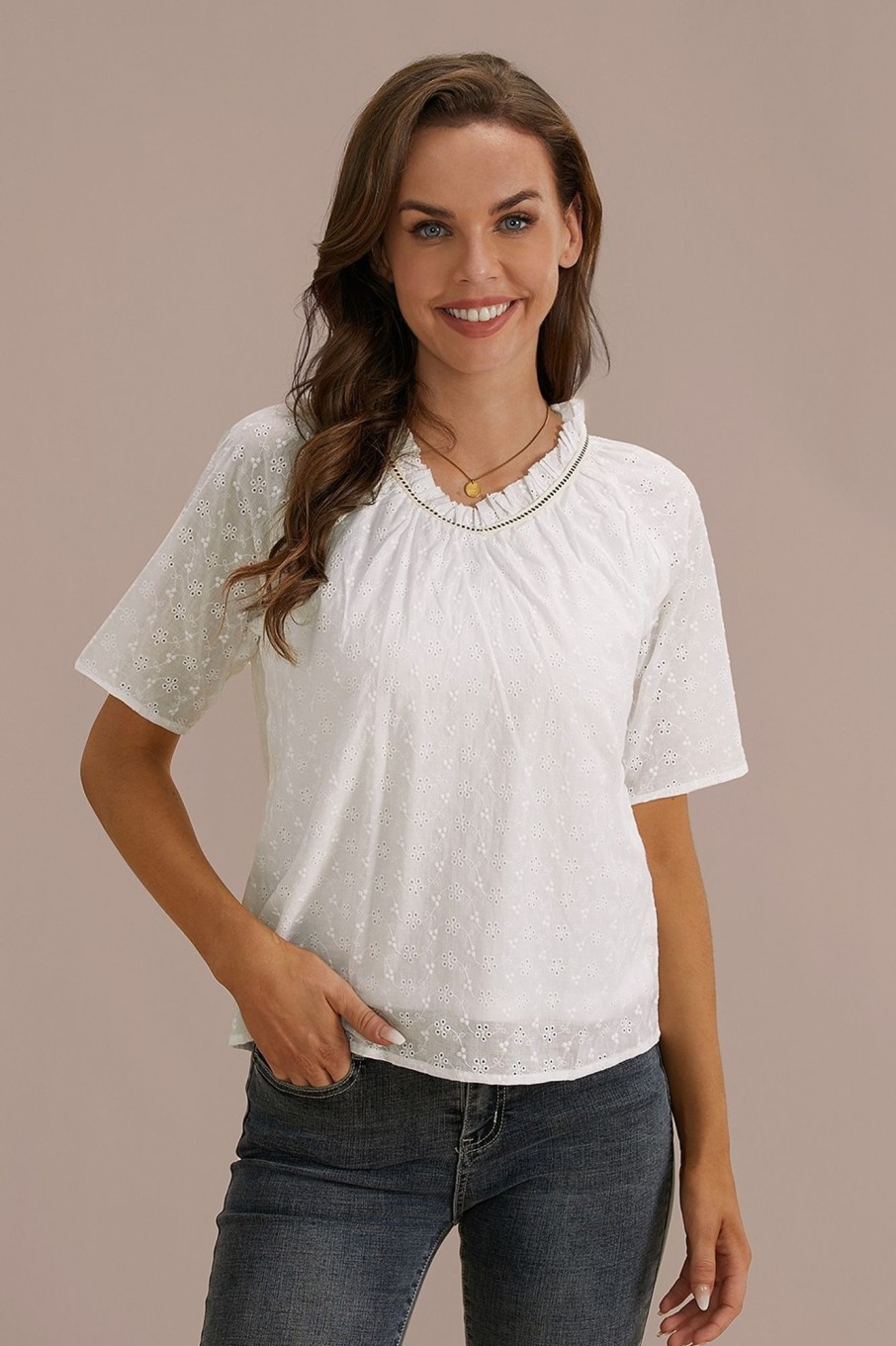 Clearance Short Sleeve V Neck Cotton Top White