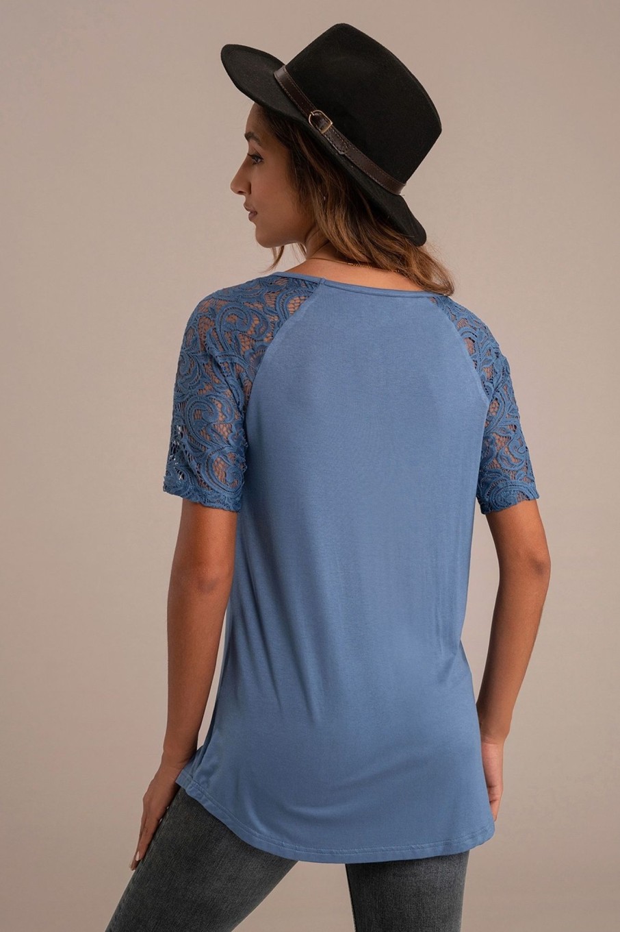 Best Round Neck Lace Sleeve Top Blue