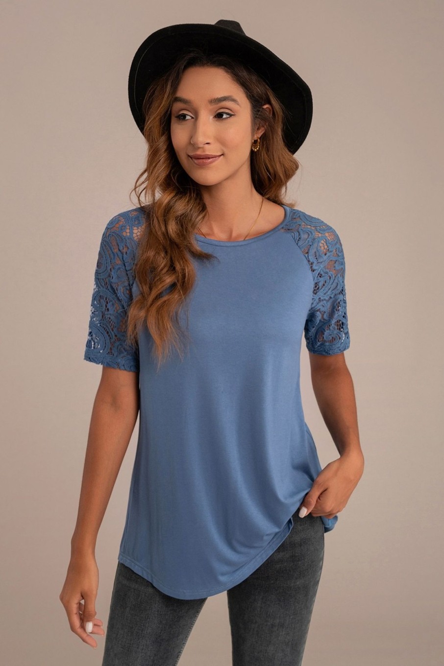 Best Round Neck Lace Sleeve Top Blue