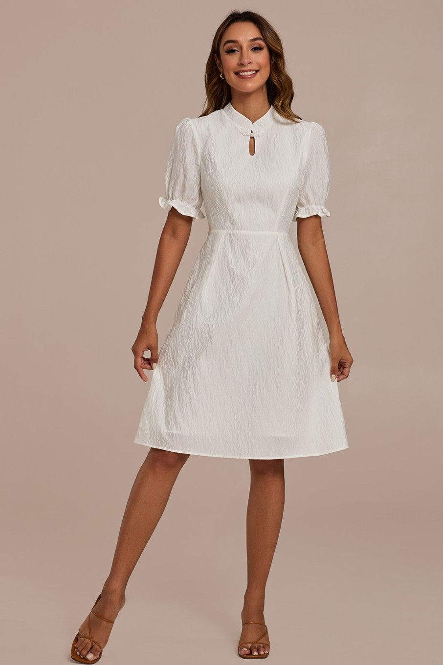 Online Textured Puff Sleeve Midi Dress White