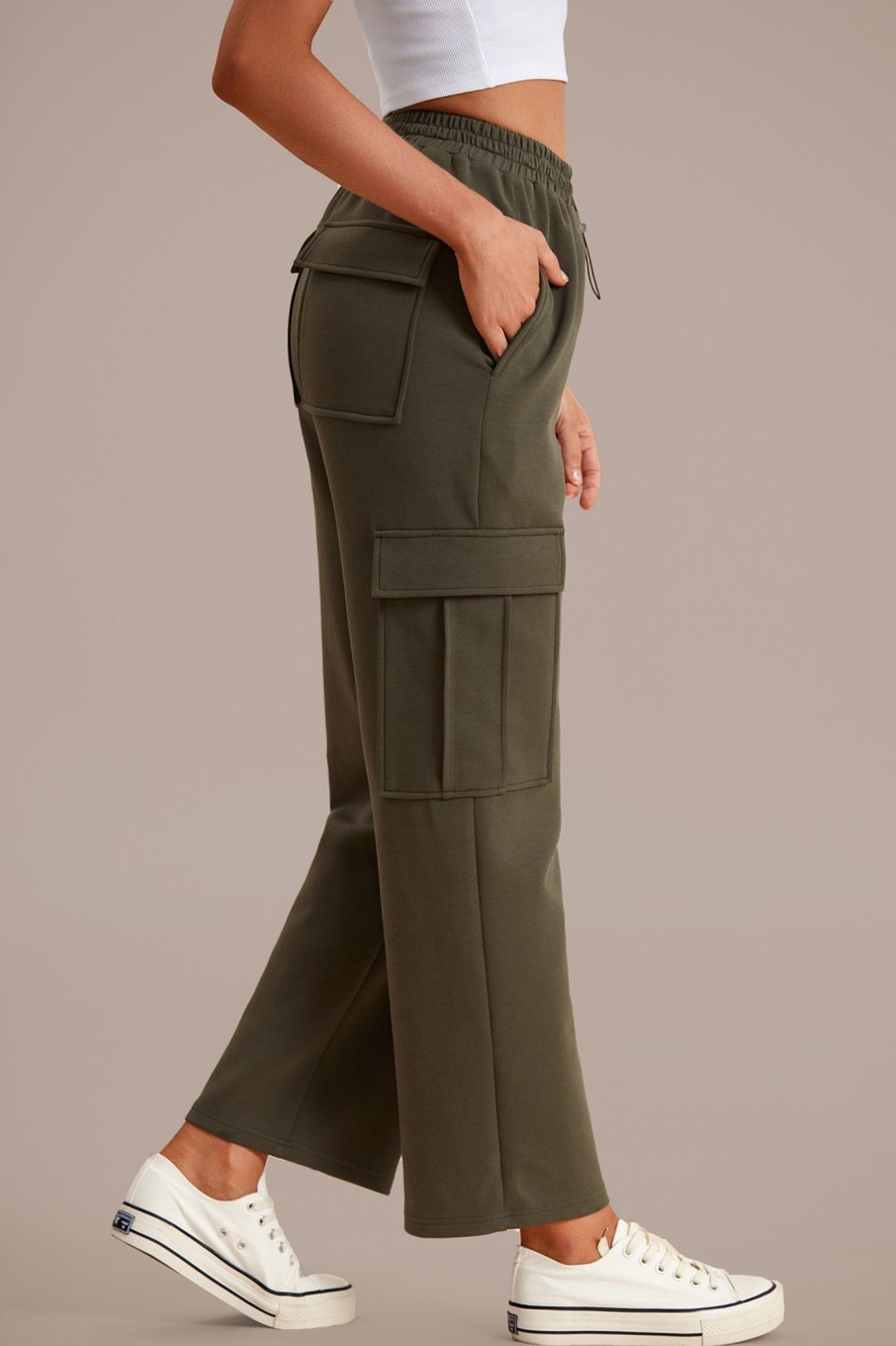 Wholesale Drawstring Waist Wide Leg Cargo Pants Olive