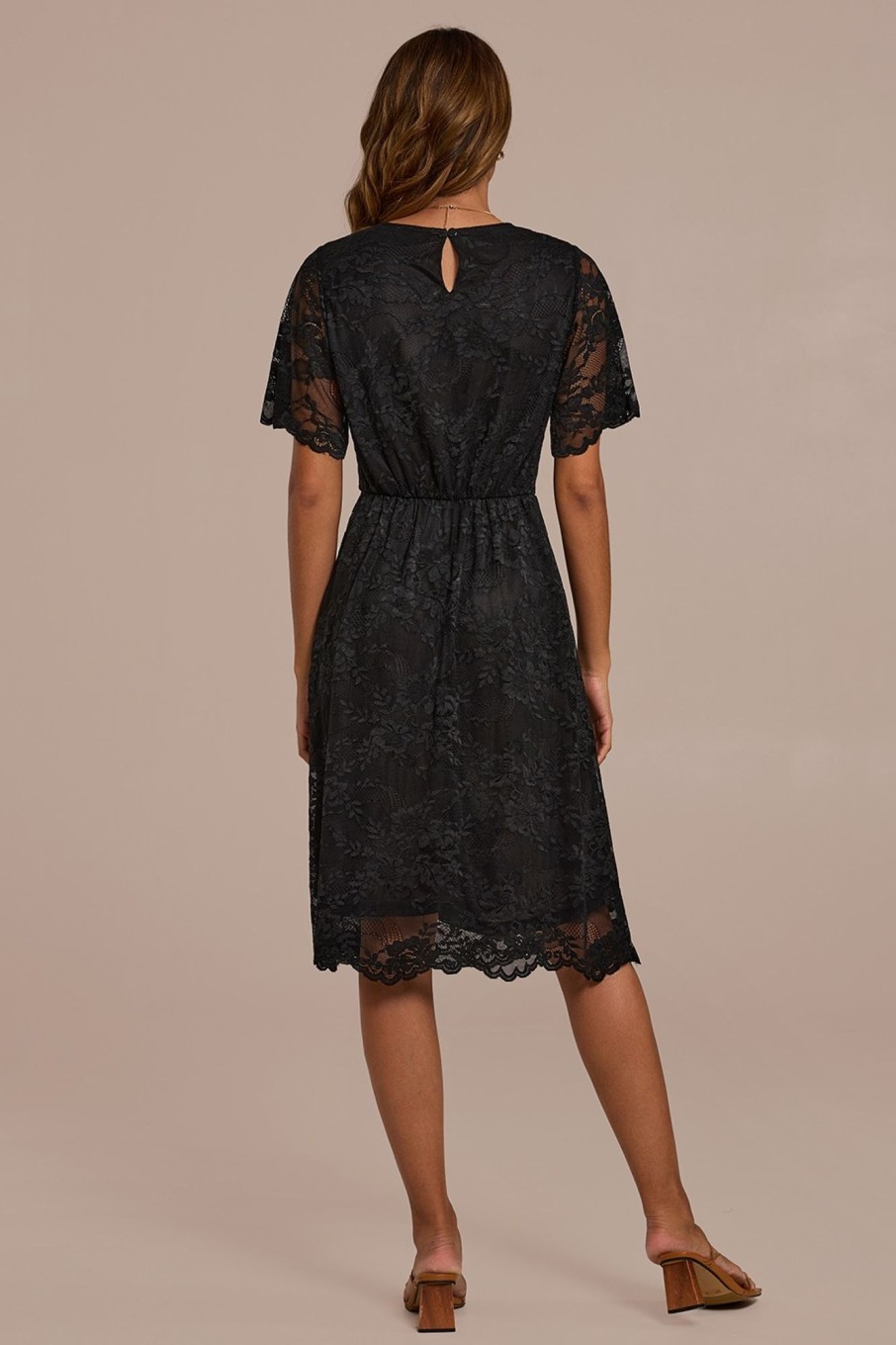 Best Lace Short Sleeve Round Neck Midi Dress Black