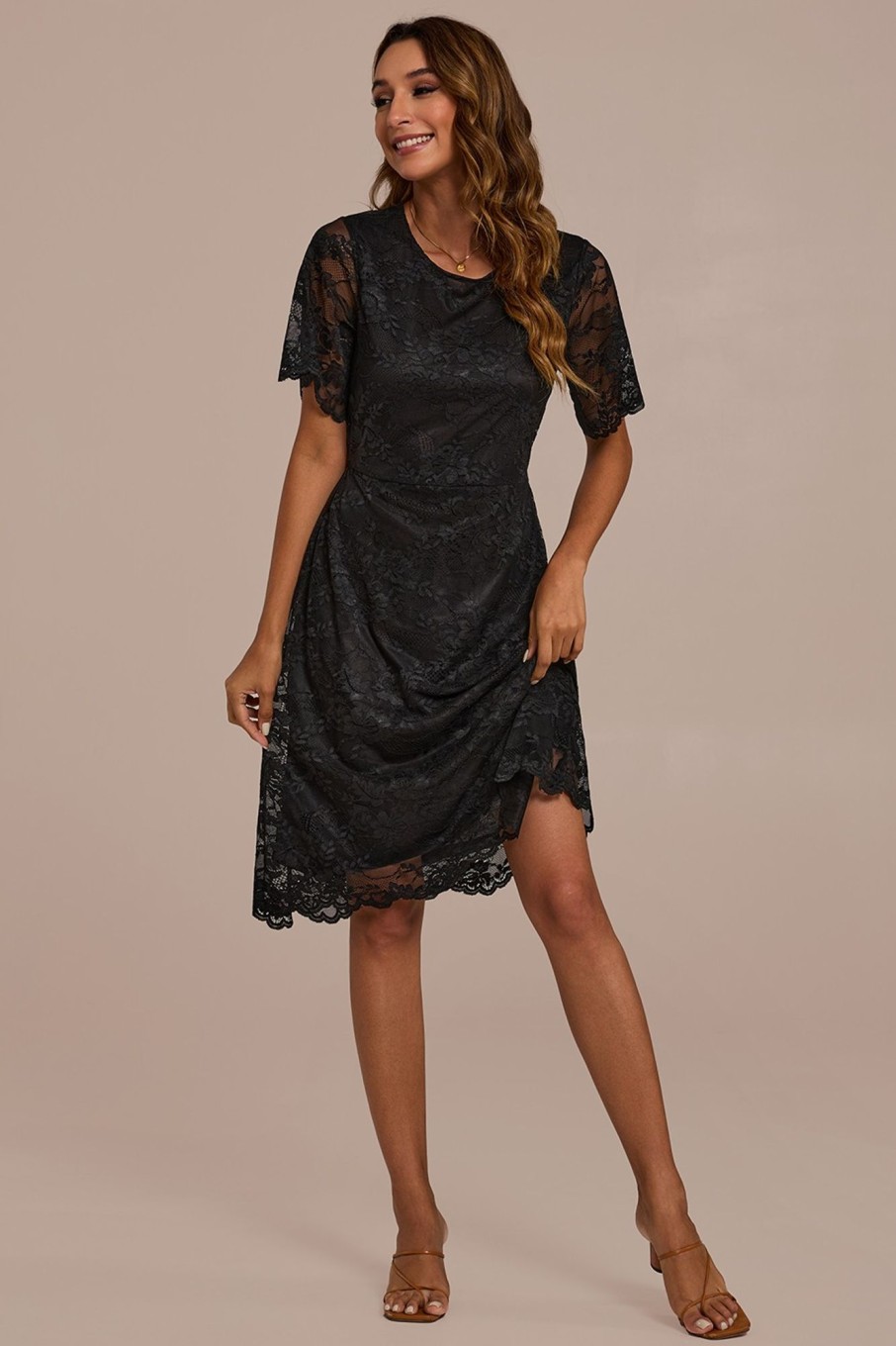 Best Lace Short Sleeve Round Neck Midi Dress Black