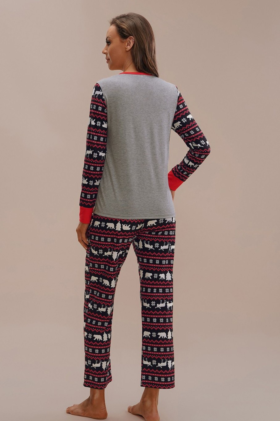 Wholesale Christmas Elk Long Sleeve Round Neck Pj Set Gray