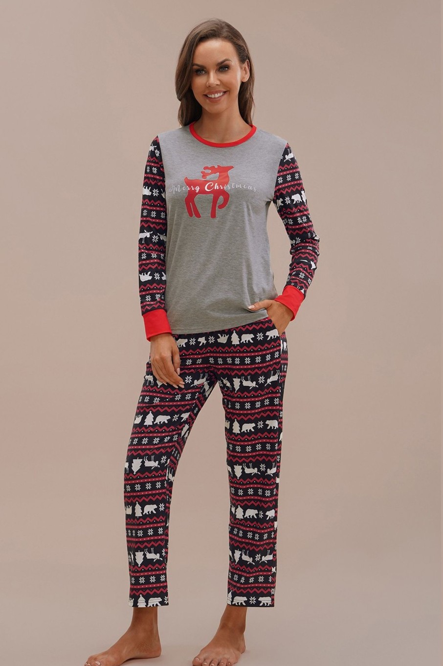 Wholesale Christmas Elk Long Sleeve Round Neck Pj Set Gray