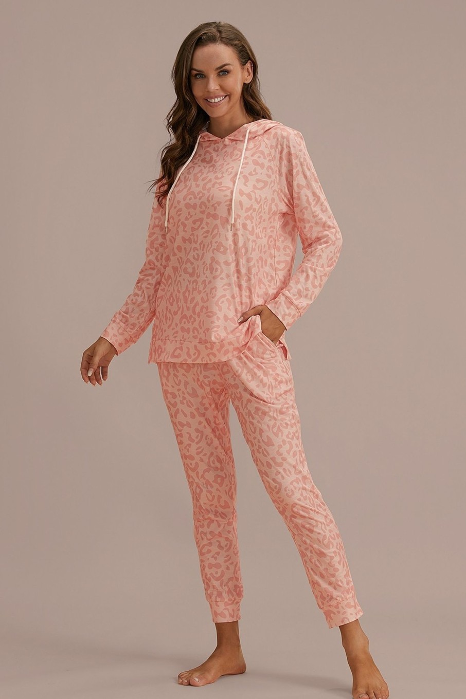 Best Cute Pink Leopard Print Hoodie Home Loungewear Set As Picture