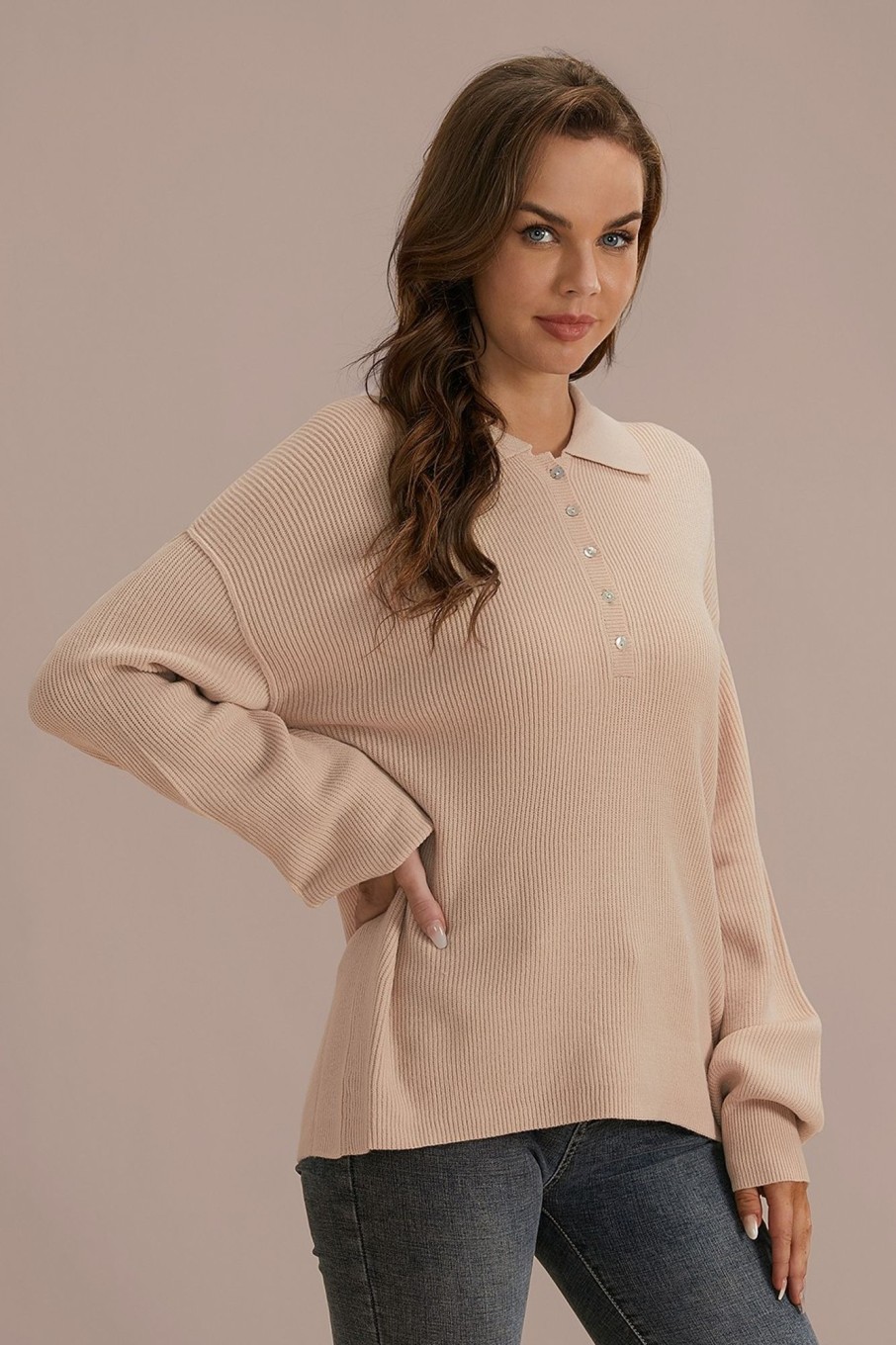 Clearance Textural Stitch Knit Polo Collar Sweater Loungewear Top Tan