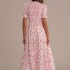 Clearance Floral Short Ruffle Sleeve Round Neck Smocked Midi Dress Pink