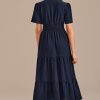 Hot Short Sleeve Round Neck Pocket Tiered Maxi Dress Navy