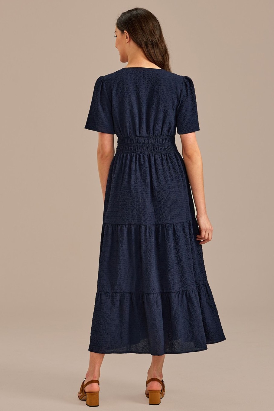 Hot Short Sleeve Round Neck Pocket Tiered Maxi Dress Navy