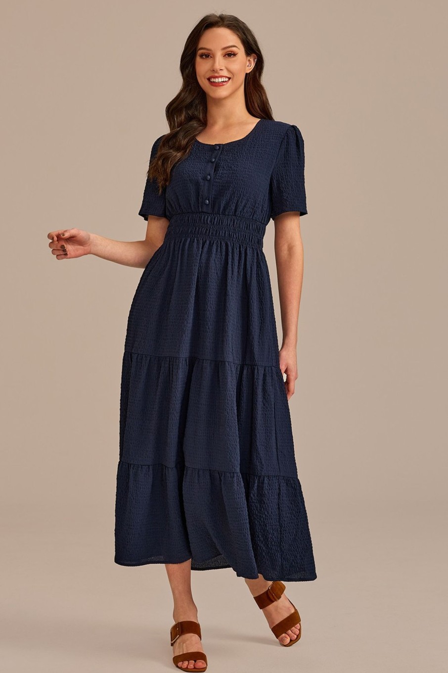 Hot Short Sleeve Round Neck Pocket Tiered Maxi Dress Navy