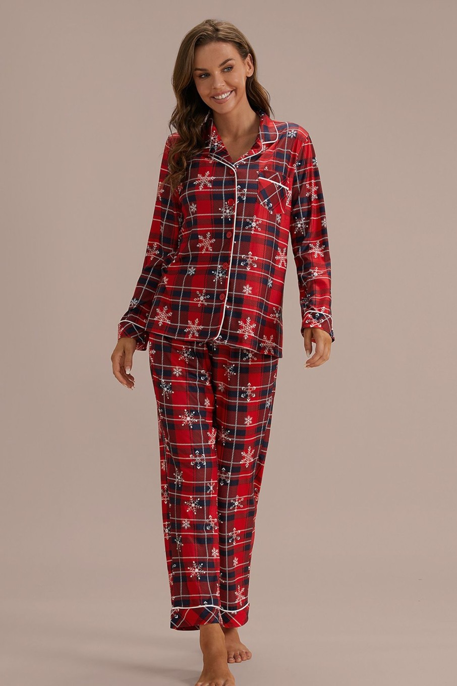 New Americana Plaid Snowflake Long Sleeve Collared Neck Pj Set Multi