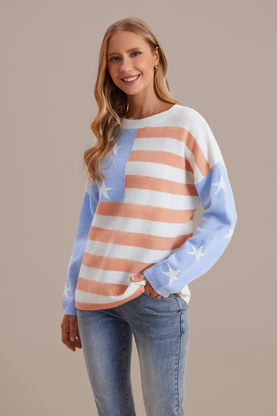 Wholesale Usa Flag Printed Round Neck Long Sleeve Lightweight Knit Sweater Multi Colors