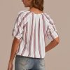 Best Stripe Short Sleeve Pleated Neck Bubble Blouse Multi