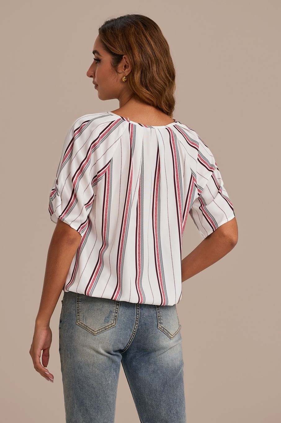 Best Stripe Short Sleeve Pleated Neck Bubble Blouse Multi