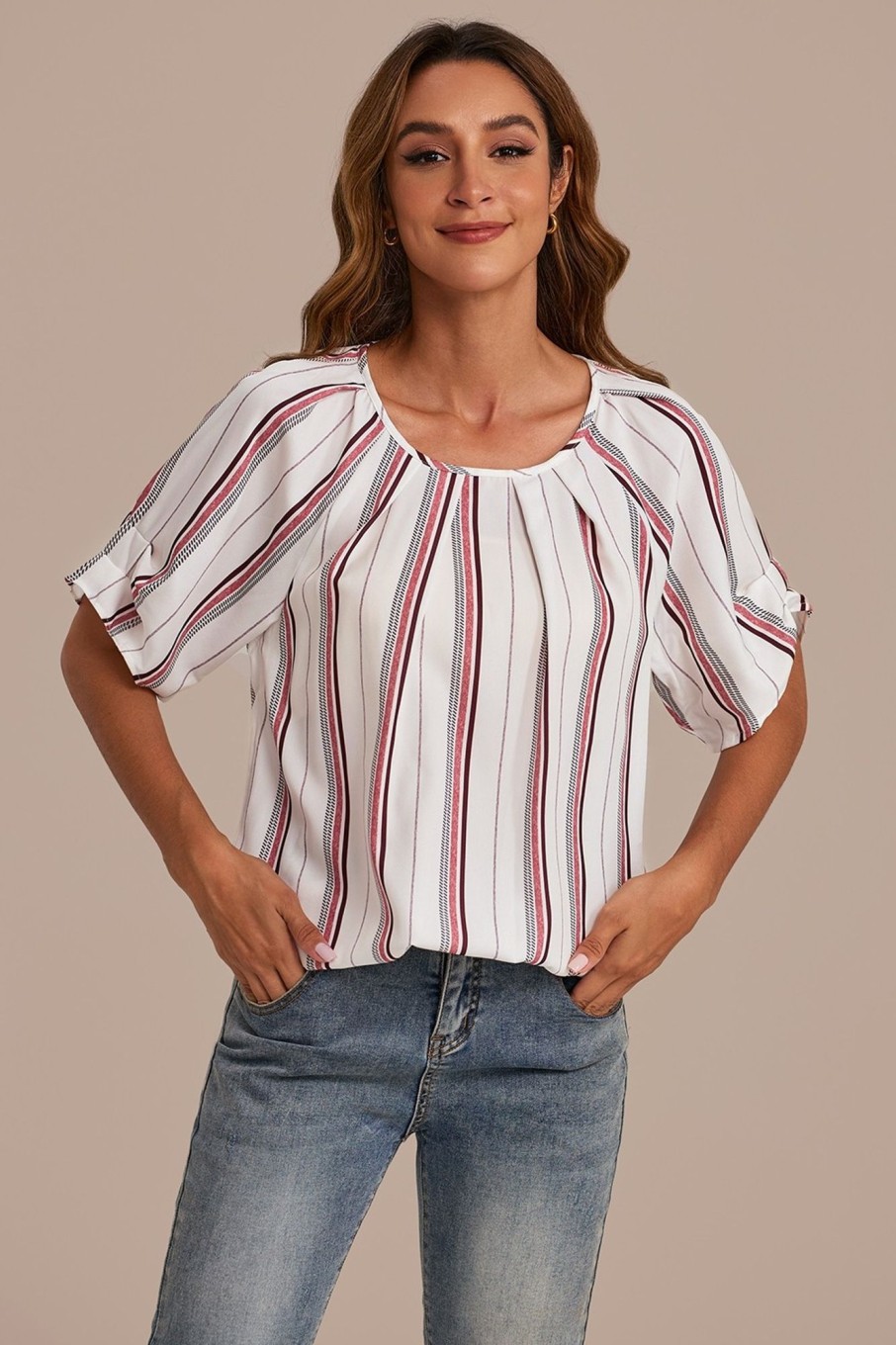 Best Stripe Short Sleeve Pleated Neck Bubble Blouse Multi