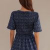 Hot Floral Square Neck Short Sleeve Smocked Blouse Dark Navy