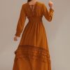 Best 3/4 Sleeve V Neck Ruffle Maxi Dress Camel