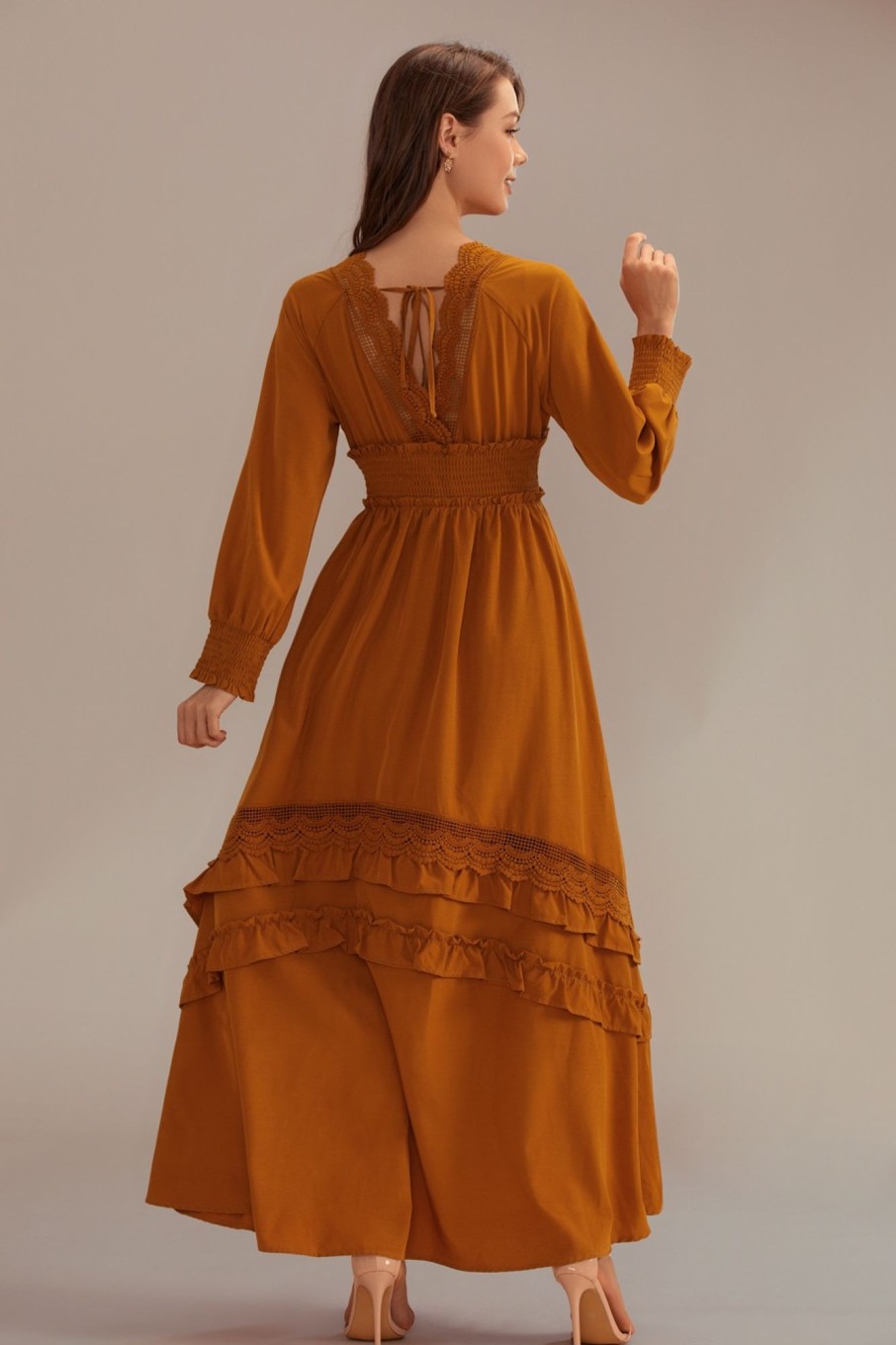 Best 3/4 Sleeve V Neck Ruffle Maxi Dress Camel