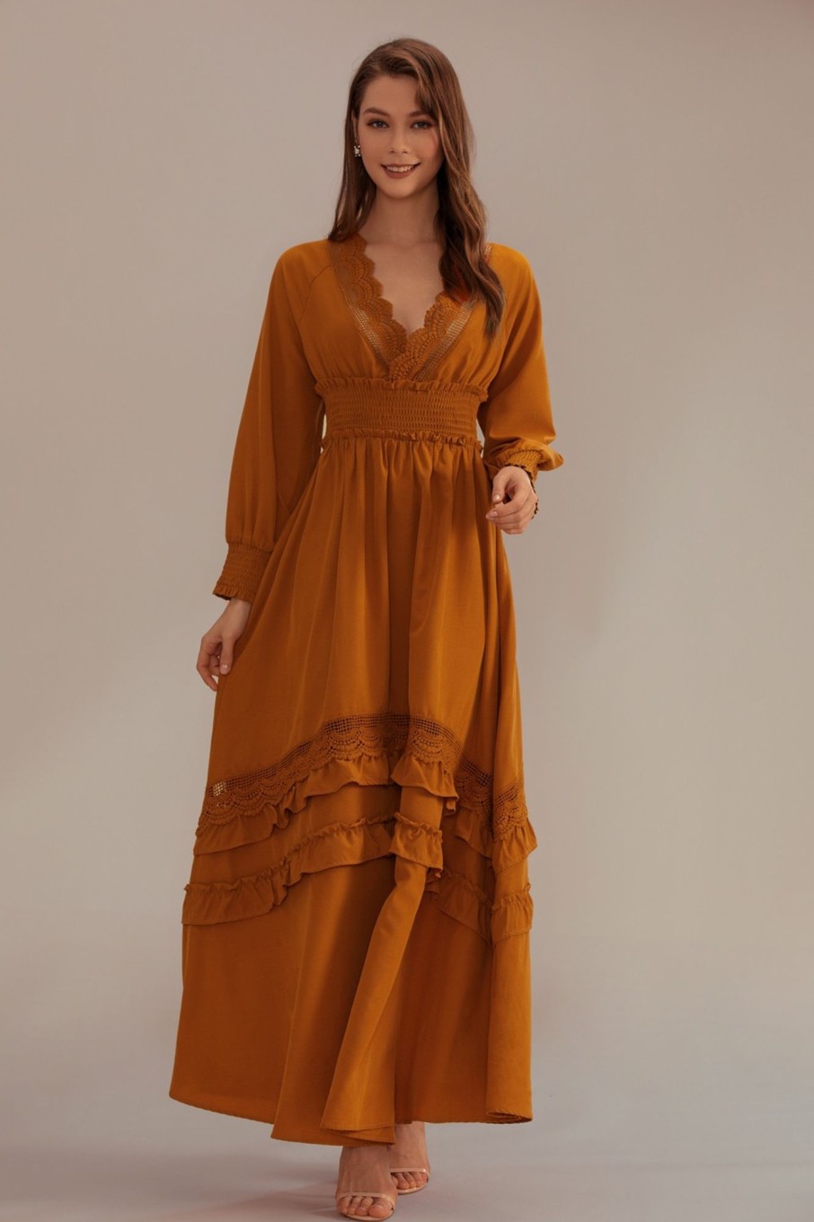 Best 3/4 Sleeve V Neck Ruffle Maxi Dress Camel