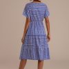 Best Short Sleeve Round Neck Bohemian Print Stitching Midi Dress Blue