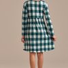 Online Plaid Long Sleeve Round Neck Midi Dress Green