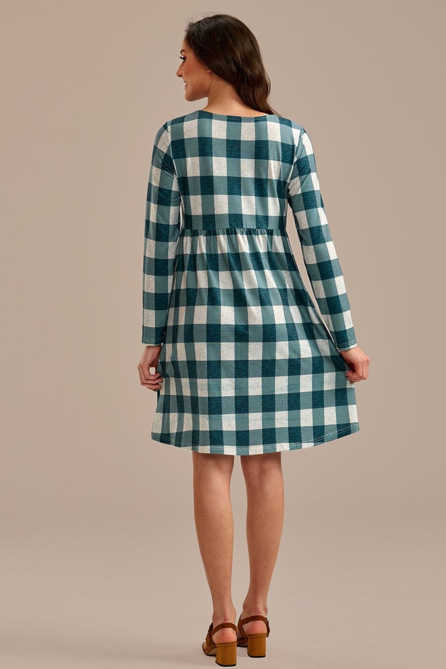 Online Plaid Long Sleeve Round Neck Midi Dress Green