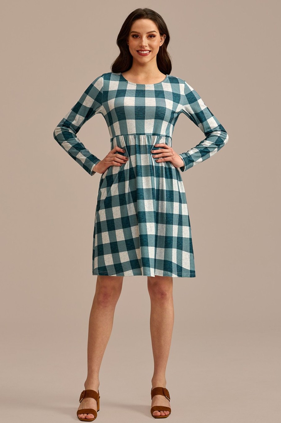 Online Plaid Long Sleeve Round Neck Midi Dress Green