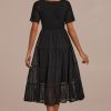 Wholesale Short Sleeve High Ruffle Neck Swiss Dots Lace Smocked Midi Dress Black