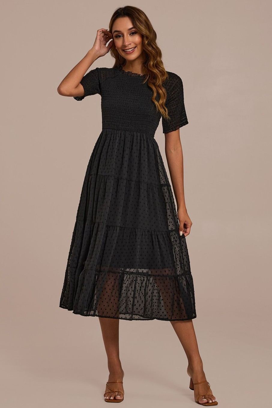 Wholesale Short Sleeve High Ruffle Neck Swiss Dots Lace Smocked Midi Dress Black