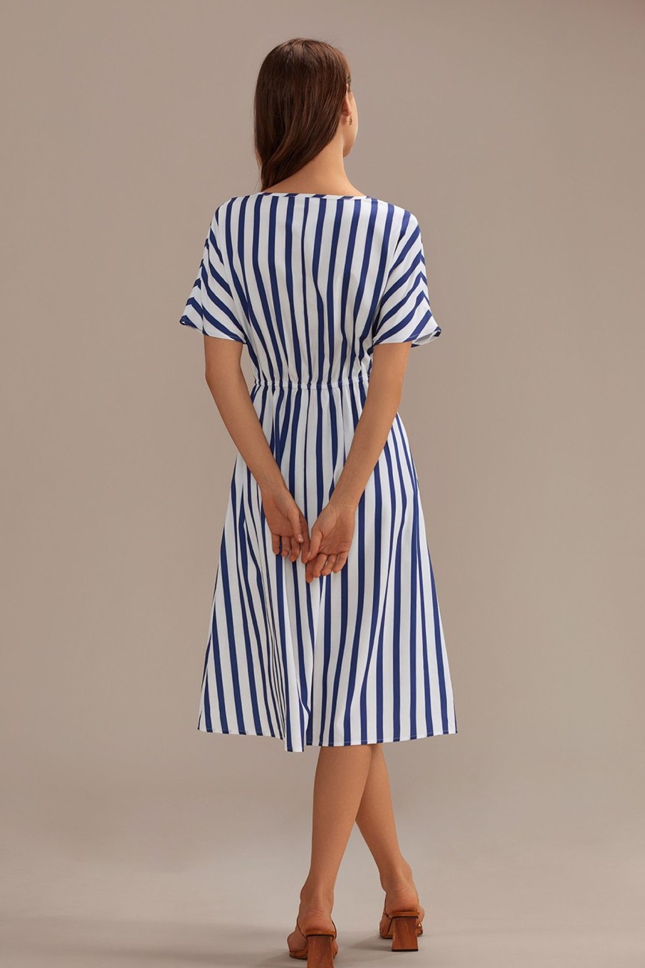 Wholesale Short Sleeve V Neck Midi Dress With Pockets Sailor Stripe