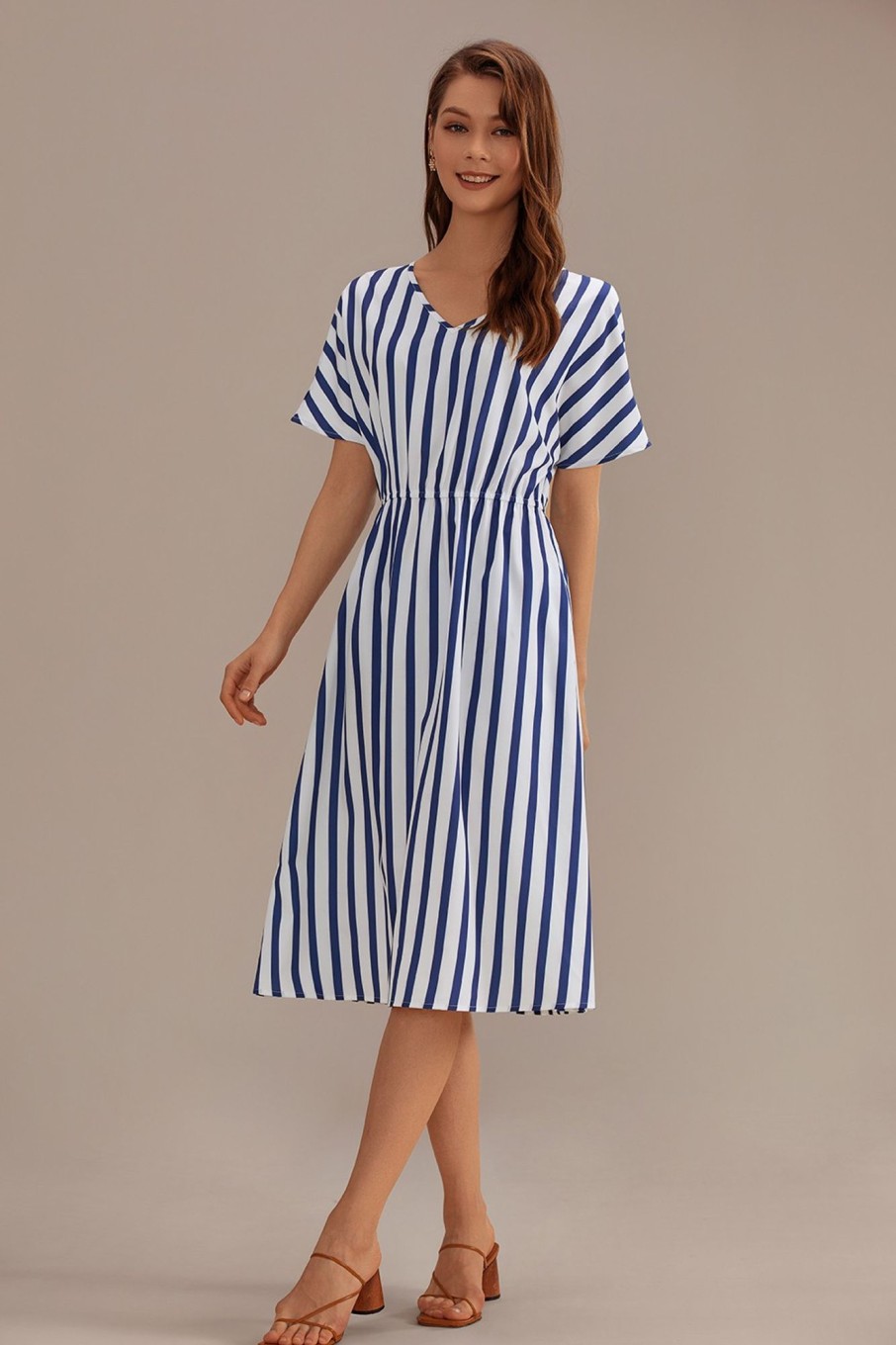 Wholesale Short Sleeve V Neck Midi Dress With Pockets Sailor Stripe