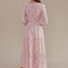 Clearance Floral 3/4 Sleeve Round Neck Smocked Tiered Midi Dress Pink