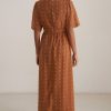 Clearance Half Sleeve V Neck High Waist Dots Maxi Dress Brown