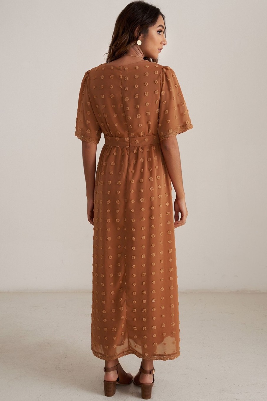 Clearance Half Sleeve V Neck High Waist Dots Maxi Dress Brown