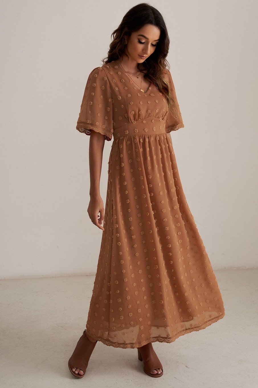 Clearance Half Sleeve V Neck High Waist Dots Maxi Dress Brown