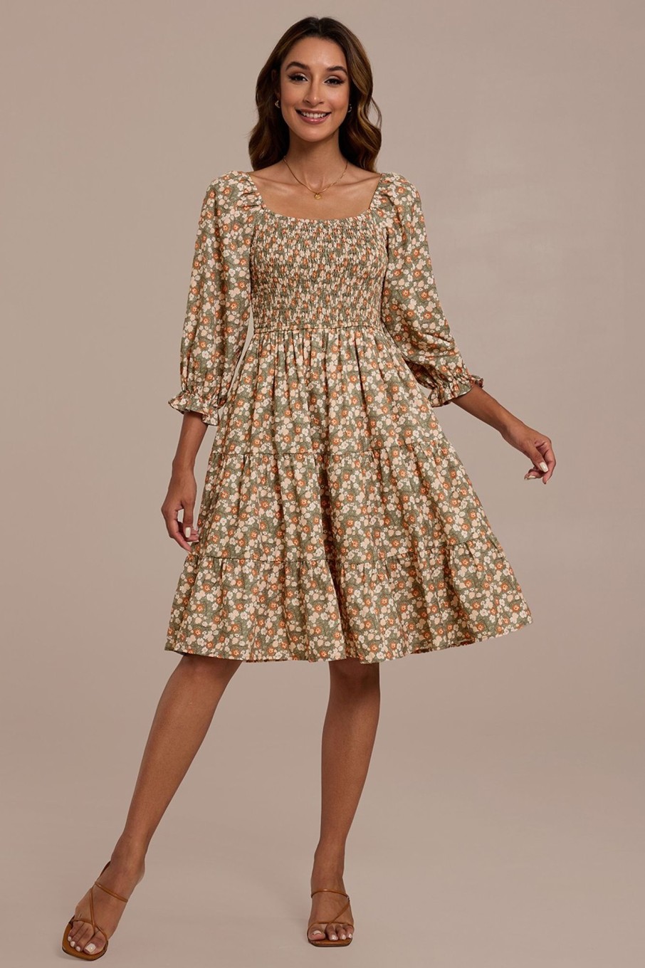 Hot Floral Square Neck 3/4 Length Sleeve Smocked Tiered Midi Dress Multi